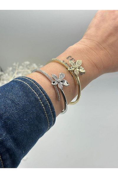 MyladyAccessoriess Zircon Stone and Flower Detailed Handcuffs (Steel) Gold