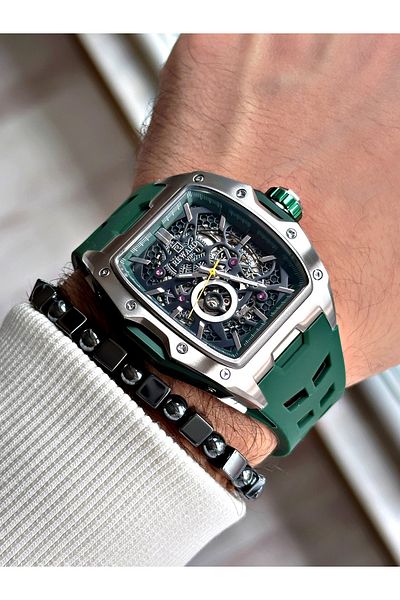 Reward Black Color Steel Case Automatic Sport Silicone Business Men's Wrist Watch+Bracelet