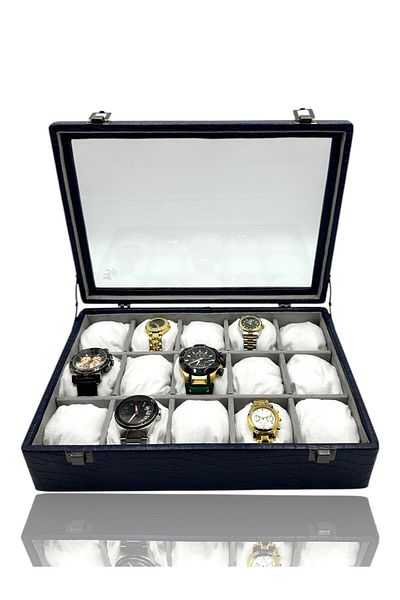 Dijital Çarşı Diji 15Pcs Crocodile Navy Blue Watch Box and Watch Case