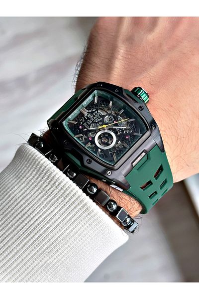 Reward Black Color Steel Case Automatic Sport Silicone Business Men's Wrist Watch+Bracelet