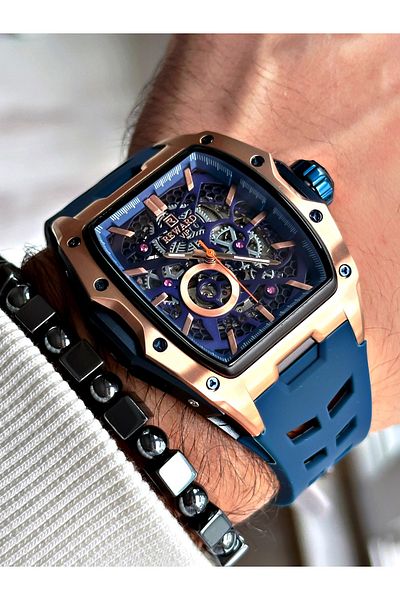 Reward Black Color Steel Case Automatic Sport Silicone Business Men's Wrist Watch+Bracelet