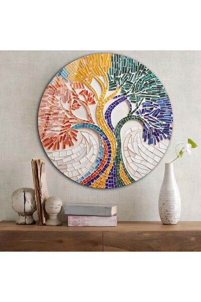 bestdecor Šareno drvo života, okrugli stakleni sto | Poklon, dekorativno, kan...