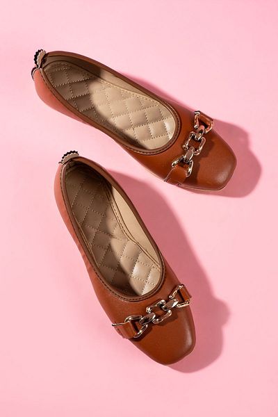 FUGA MODA Kedja Tan Leather Ballerinas with Chain Accessories