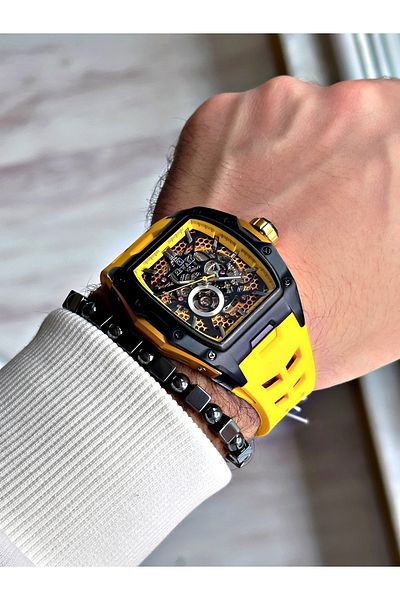 Reward Black Color Steel Case Automatic Sport Silicone Business Men's Wrist Watch+Bracelet