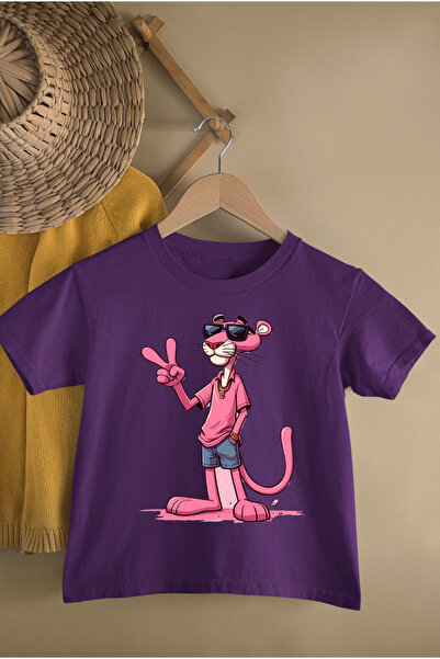 MAGORS Pink Panther Printed Bi̇Si̇Klet Collar Cotton Short Sleeve Kids Tshirt