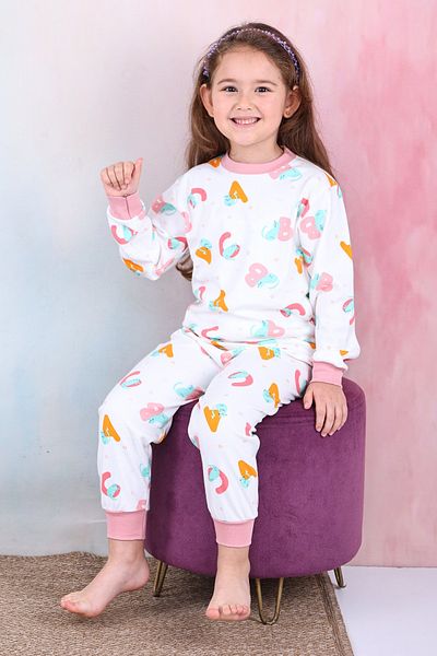 KAPİKİDS Girl's Long Sleeve Colorful Crispy Printed Pajamas Set