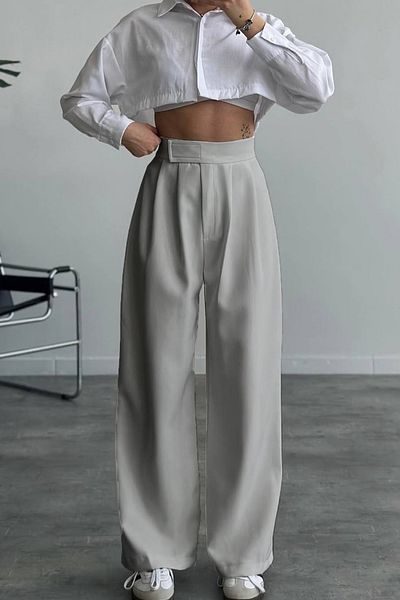 COMBİNE MİCHAİL Pantaloni Palazzo gri cu închidere velcro din Lycra de damă