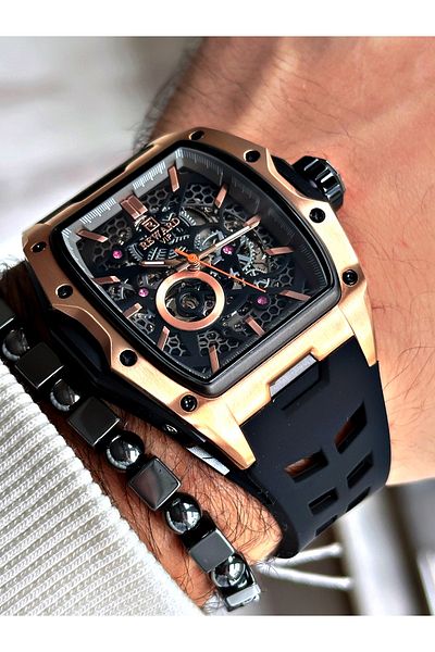 Reward Black Color Steel Case Automatic Sport Silicone Business Men's Wrist Watch+Bracelet