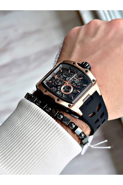 Reward Black Color Steel Case Automatic Sport Silicone Business Men's Wrist Watch+Bracelet