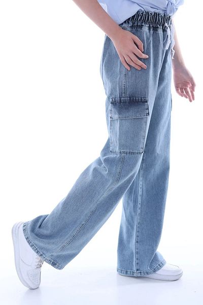Wild Flower Girl's Oversize Cargo Pocket Elastic Waist 100% Cotton Jeans