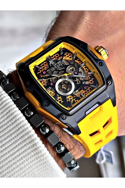 Reward Black Color Steel Case Automatic Sport Silicone Business Men's Wrist Watch+Bracelet