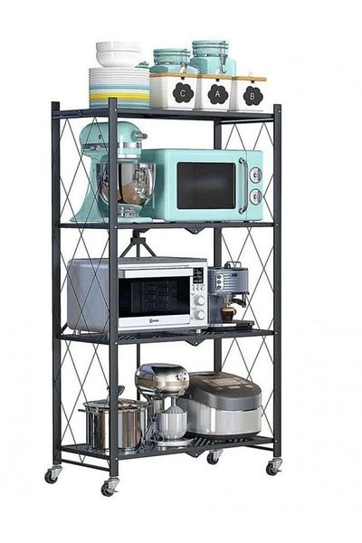ABAREEK Foldable Storage Rack on Wheels, 4 Layer Storage Shelves, Large Capacity Metal Shelving Units Black