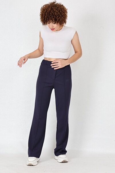 Generic Brand Women's High Waist Palazzo Pants - Ribbed Detail, Button and Sp...