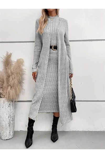 Modayakamoz Rochie de scafandru cu mânecă lungă și cardigan lung pentru femei, cu gât semi-înțeles, set dublu