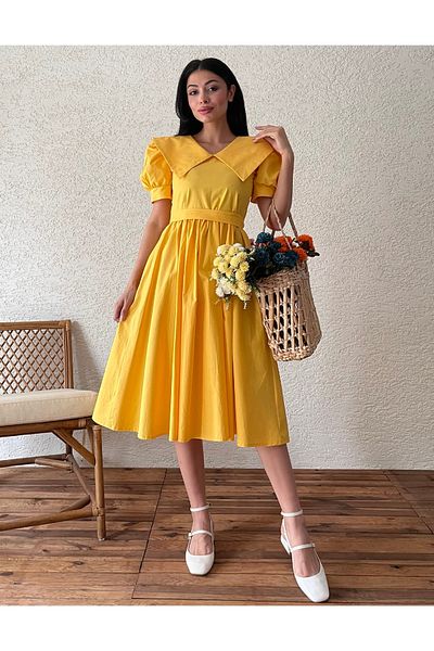 KÜÇÜĞÜM BUTİK Rochie galbenă din popelin evazată cu guler mare