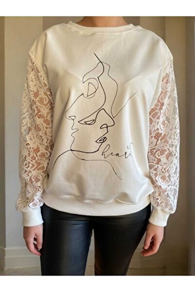 BEBE PLUS Lace Sleeve Detail Silhouette Print Sweatshirt