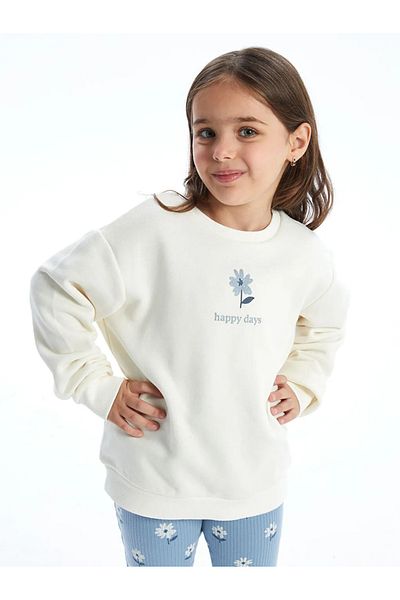 LC Waikiki Ecru Baby Girl Floral Print Sweatshirt and Leggings - Crew Neck Set of 2
