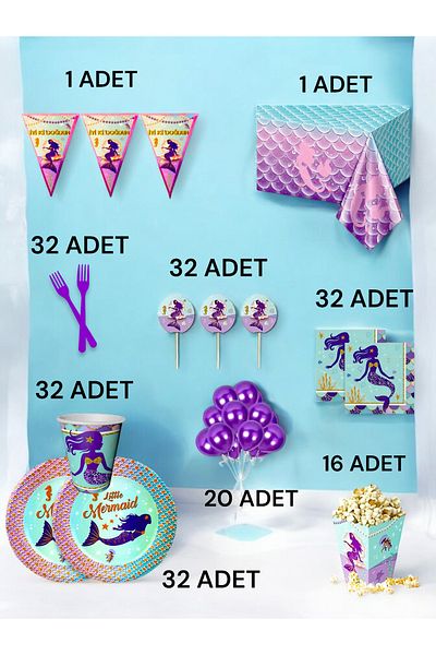 VibeHome Mermaid Themed XL Pack for 32 - Birthday Party and Fun Events