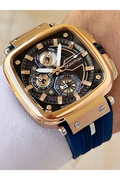 Quantum Function Dark Blue Color 10 Atm Waterproof Silicone Cord Steel Case Men's Wristwatch