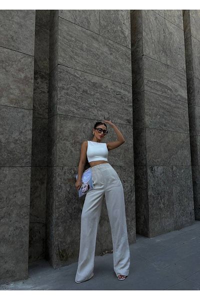 LB Laluna Butik Γυναικείο λινό ψηλόμεσο παντελόνι Palazzo
