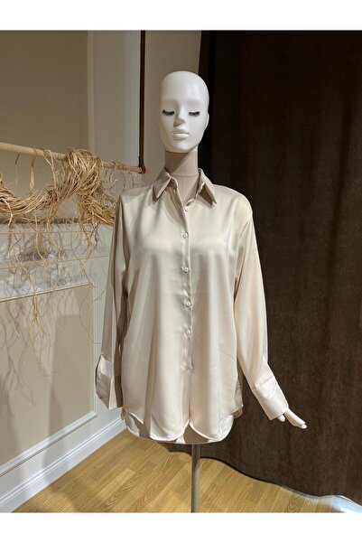 MODA Bej Rengi Saten Standart Beden Gömlek