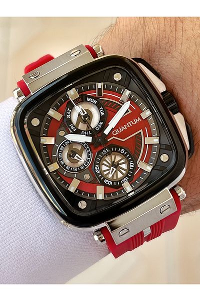 Quantum Function Red Color 10 Atm Waterproof Silicone Cord Steel Case Men Wristwatch