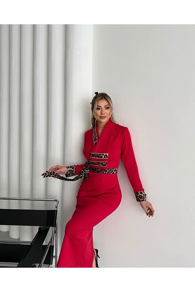 1Moda1Tarz Women's Imported Fabric Leopard Pattern Stone Embroidered Belted Lined Special Design Dress