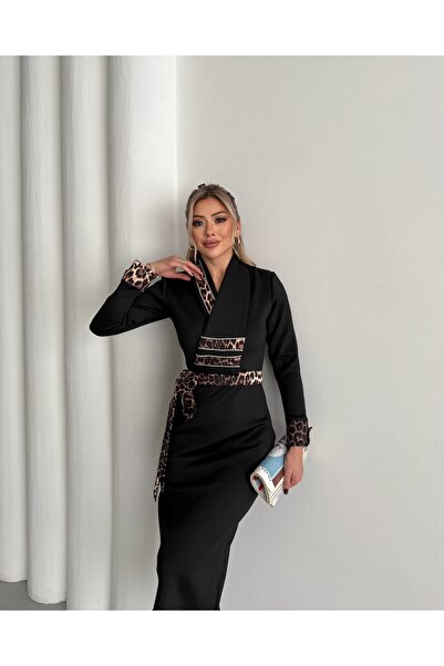 1Moda1Tarz Kadın İthal Kumaştan Leopar Desen Taş İşlemeli Kuşaklı Astarlı Özel Tasarım Elbise