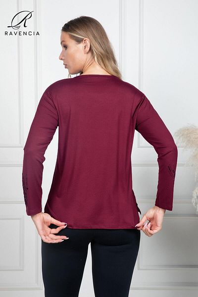 Ravencia Women's Middle-Aged and Above Covered Floral Print Stoned Embroidered Lycra Red Mother's Combed Cotton Blouse