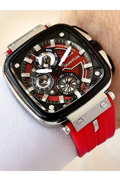 Quantum Function Red Color 10 Atm Waterproof Silicone Cord Steel Case Men Wristwatch