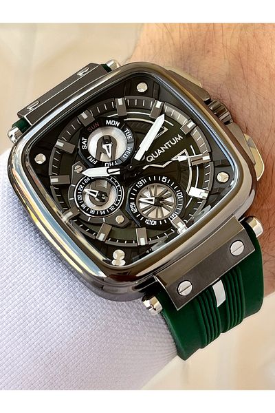 Quantum Function Green Color 10 Atm Waterproof Silicone Cord Steel Case Men Wristwatch
