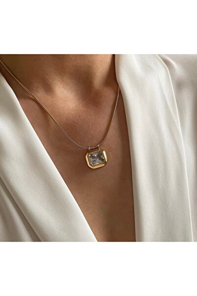 SU PERİSİ TAKI BİJUTERİ Çelik Gold Baget Taşlı Kolye