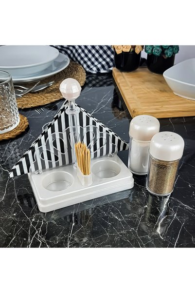 Generic Brand Set of 2 Salt and Spice Shakers with Napkin Holder and Toothpick Holder Marble White