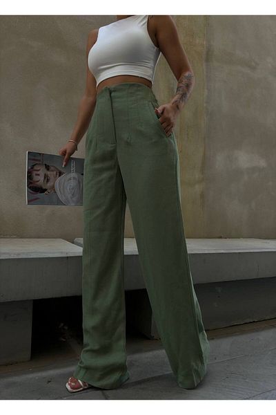 LB Laluna Butik Women's High Waist Linen Palazzo Trousers