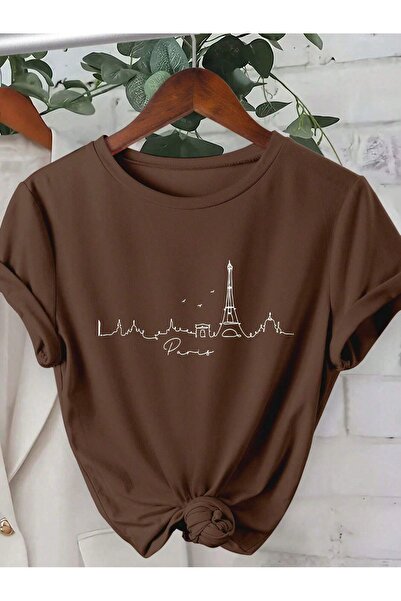 PALPİTO Γυναικείο μπλουζάκι με στάμπα Paris σε καφέ ρίγες