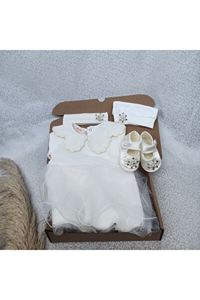 aseh shop Ekru Bebe Yakalı Tüllü Bone Patik Bandana Mevlüt seti