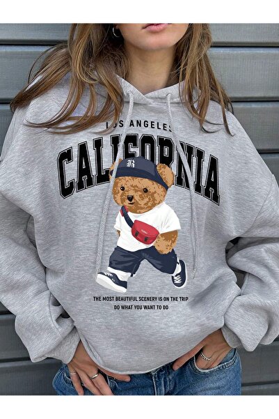 PALPİTO Kadın Gri California Bear Baskılı Kapüsonlu duks dukserica