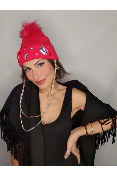 Senbeno Design TAŞ VE OPSİYONEL ZİNCİR DETAYLI ÖZGÜN TASARIM KIRMIZI KADIN BERE