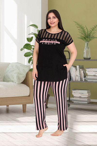 Jenny Daphne Large Size Striped Short Sleeve Pajamas Set - 10772