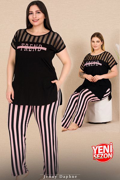 Jenny Daphne Large Size Striped Short Sleeve Pajamas Set - 10772