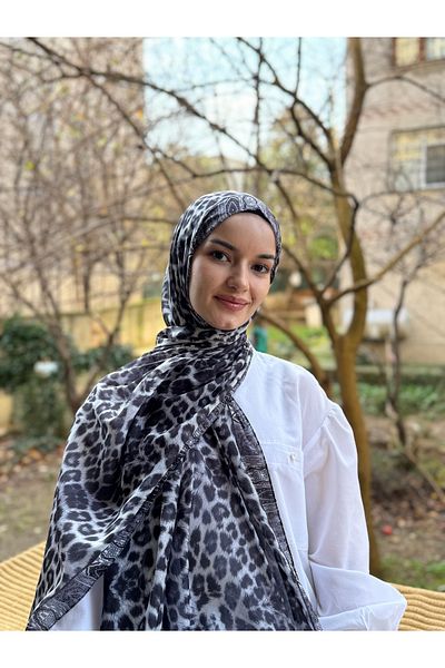 shalby Gray Ethnic Leopard Patterned Soft Cotton Shawl