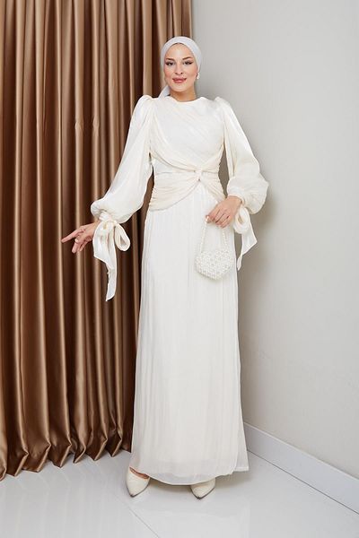 Olcay Yoryo Seiden-Hijab-Abendkleid – Volant, Schleife und Ärmel, Schnürung, EKRU 1224
