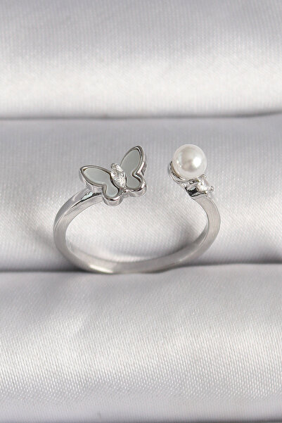 Clariss Brass Silver Color Zircon Stone Detailed White Enameled Butterfly Figure Pearl Detail Adjustable Ring