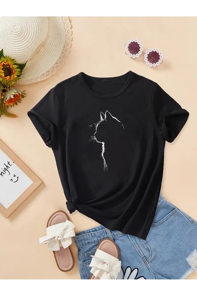 qubo sportswear & company Παιδικό καλοκαιρινό μπλουζάκι με στάμπα Cat Silhouette - Πολυεστέρας, Κοντό μανίκι, Μέτρια ελαστικότητα, Μαύρο