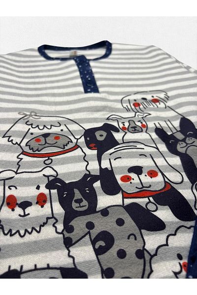Fil Kids Girl's Thermal Fabric 100% Cotton White Navy Blue Dogs Print Long Sleeve Pajamas Set