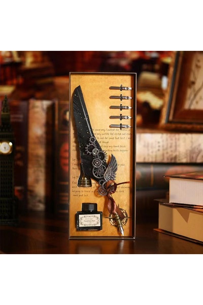 EXENET Özel Üretim Divit Hokka Seti Tüylü Mürekkepli Nostaljik Hediyelik Kale...