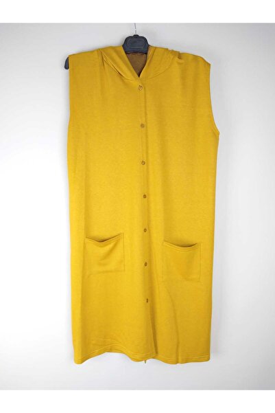 YAŞAR TRİKO Women's Mustard Hooded Button Pocket Sleeveless Two Thread Long Vest