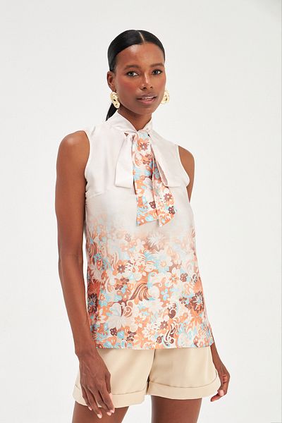 Sateen Beige Patterned Scarf Blouse - Short Sleeve