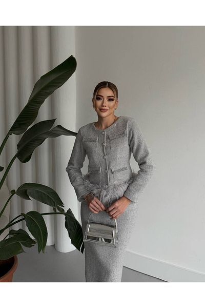 1Moda1Tarz Women's Imported Tweed Fabric Pearl Pocket Detail Otrish Lined Special Design Dress Cardigan Set