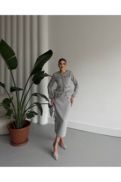 1Moda1Tarz Kadın İthal Tüvit Kumaş İncili Cep Detay Otrişli Astarlı Özel Tasarım Elbise Hırka Takım